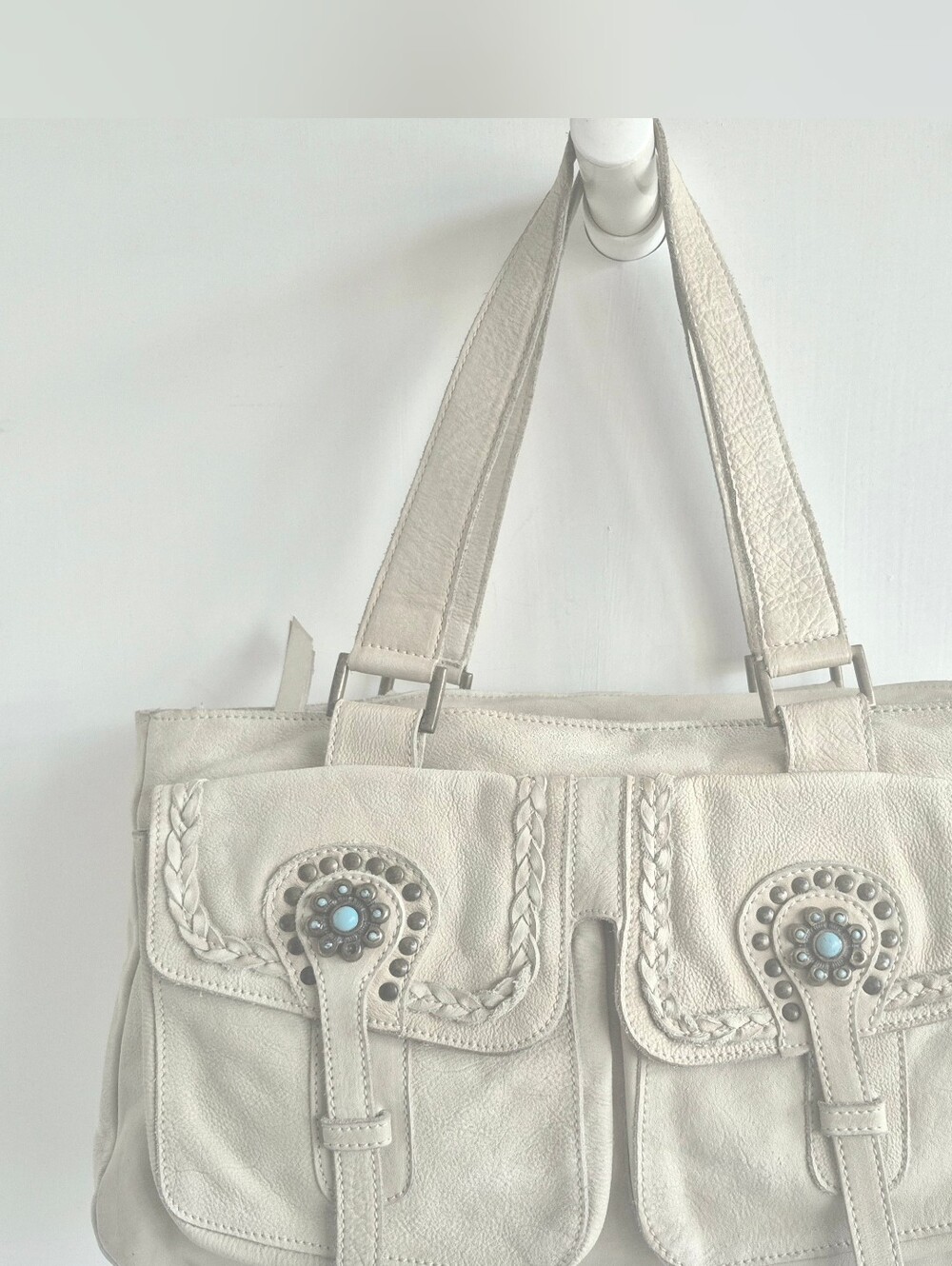 Cream Women's Leather Shoulder Bag with Braided Trim and Turquoise Accents